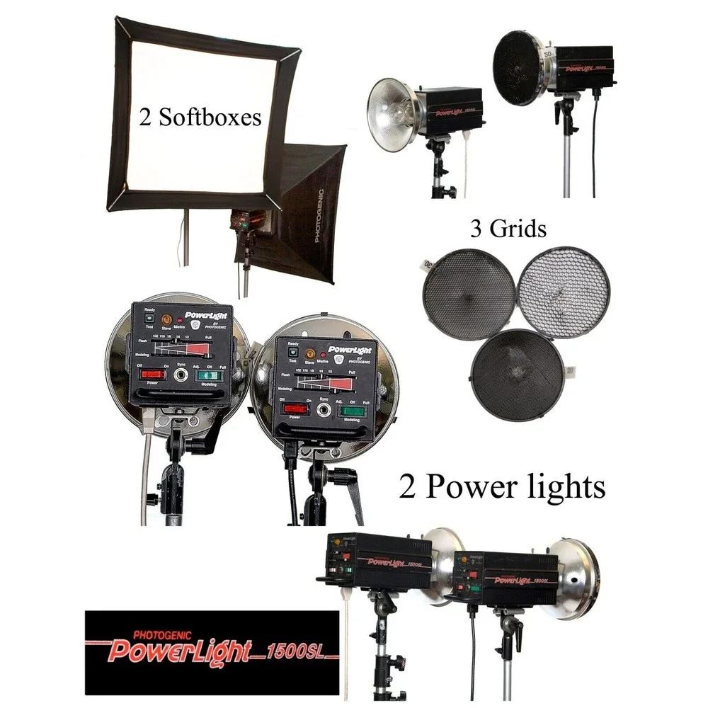 Two Photogenic 1500 Flash Power Packs Two soft boxes lighting kit Three Grids